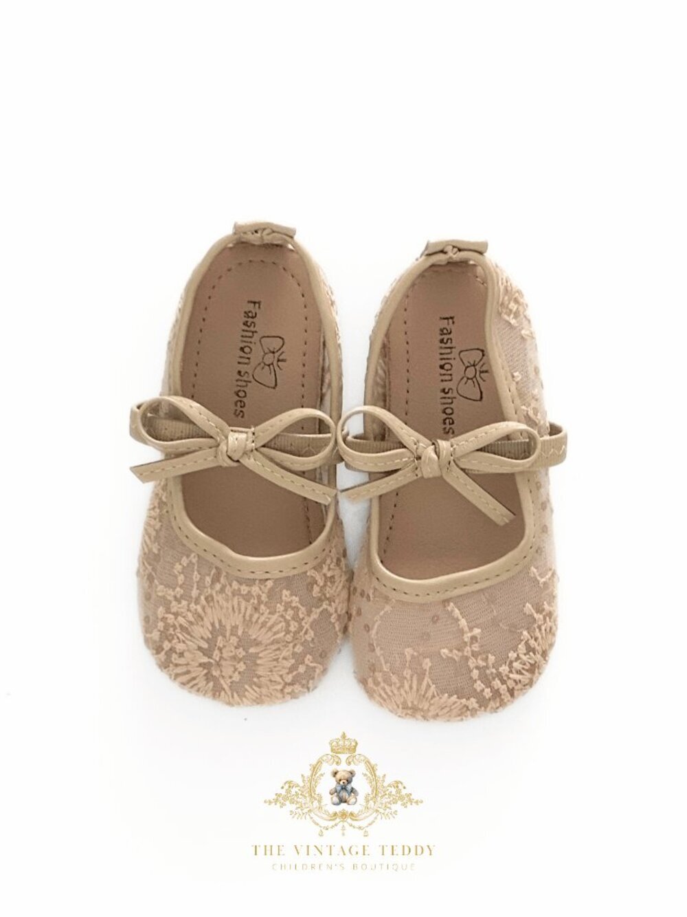NWT Pretty Girls Embroidered Lace Flats Children's Shoes Kids Shoes Bow Taupe 7